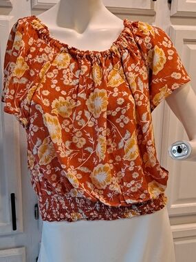 Cynthia Rowley Orange Floral Peasant Top w/Yellow & Cream Blooms Flutter Sleeve